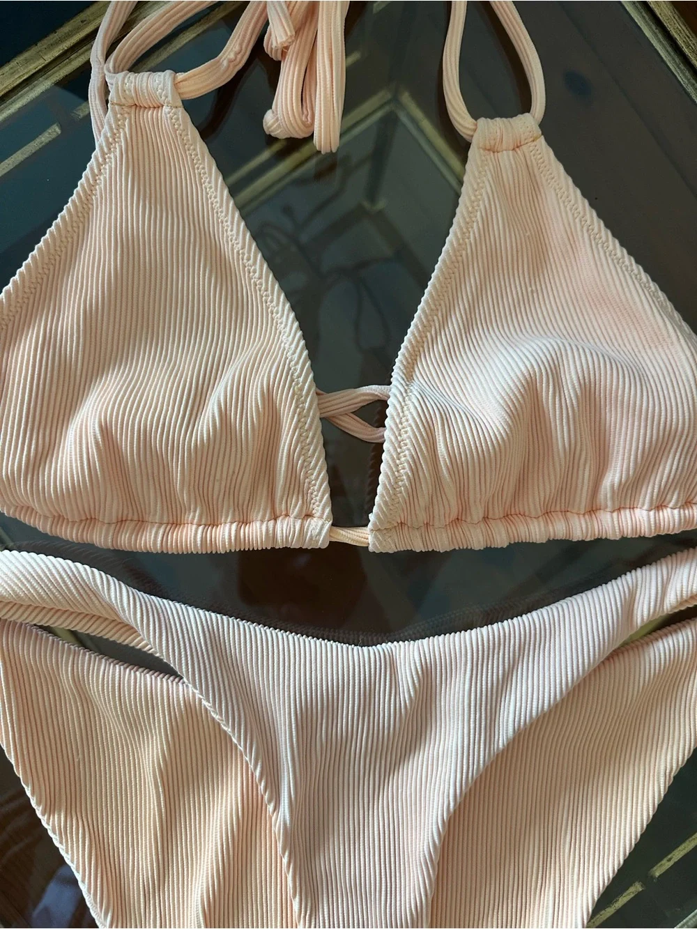 Peach Ribbed Triangle Bikini Set - Picture 4 of 5
